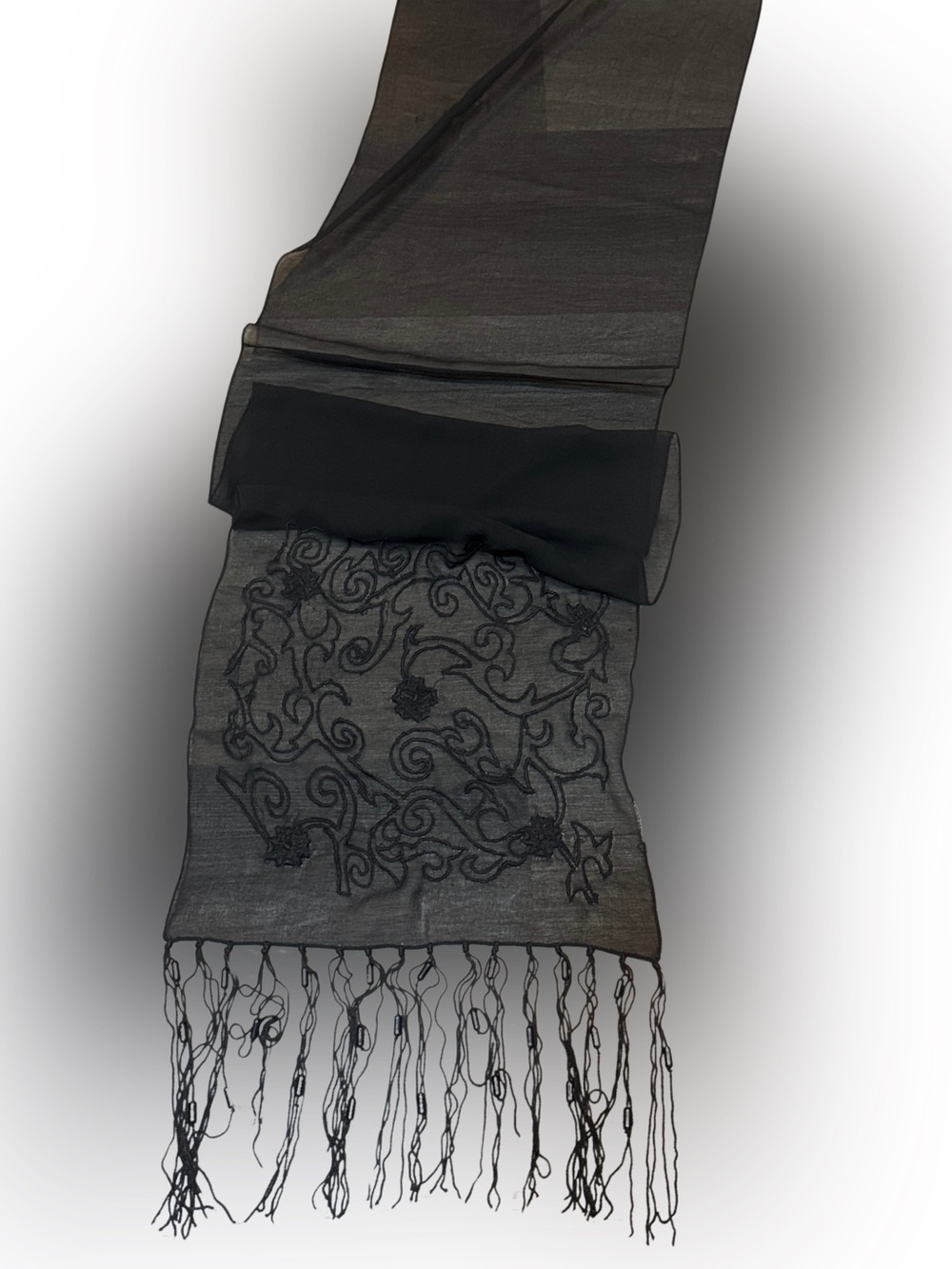 Black Embroidered Sheer Tasseled Scarf for Head or Neck — 56”x12”